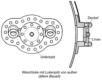 Waschluje mit Lukenpilz von außen (ältere Bauart) Waschluje mit Lukenpilz von außen (ältere Bauart)